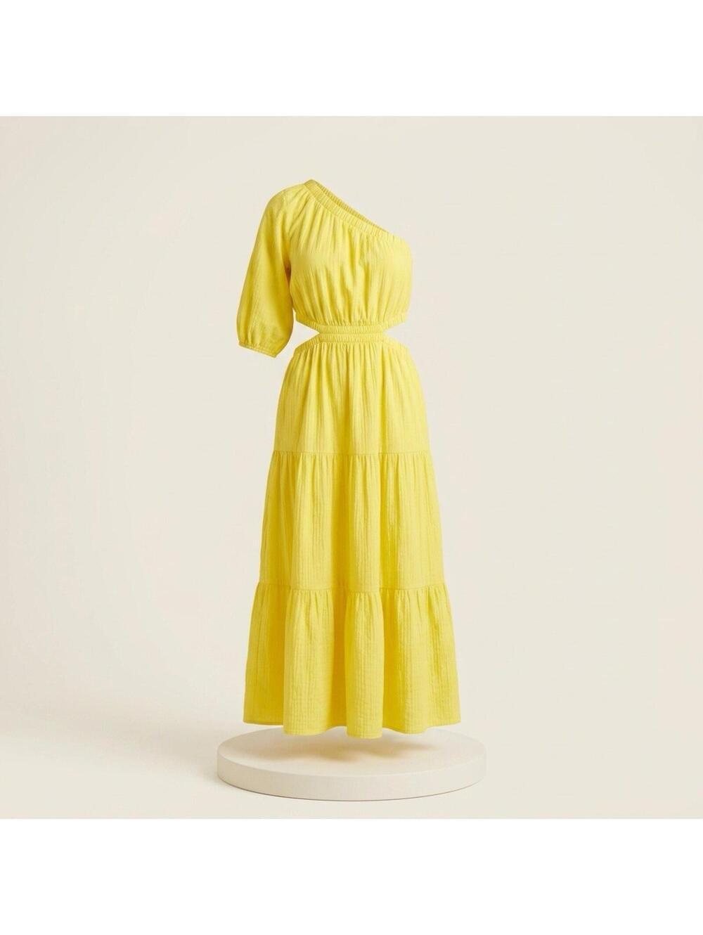 The Drop April Midi Dress L Yellow Lemon One Shoulder Cutout NWT Summer Sun